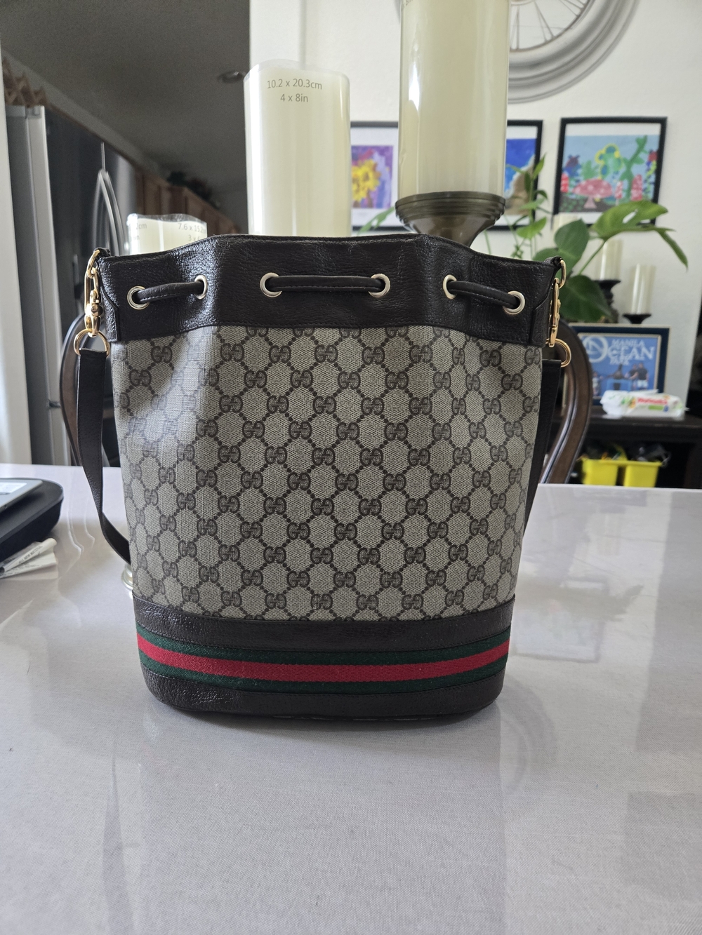 Gucci Beige GG Supreme Canvas Bucket Bag with Green and Red Web Stripe - Picture 2 of 8